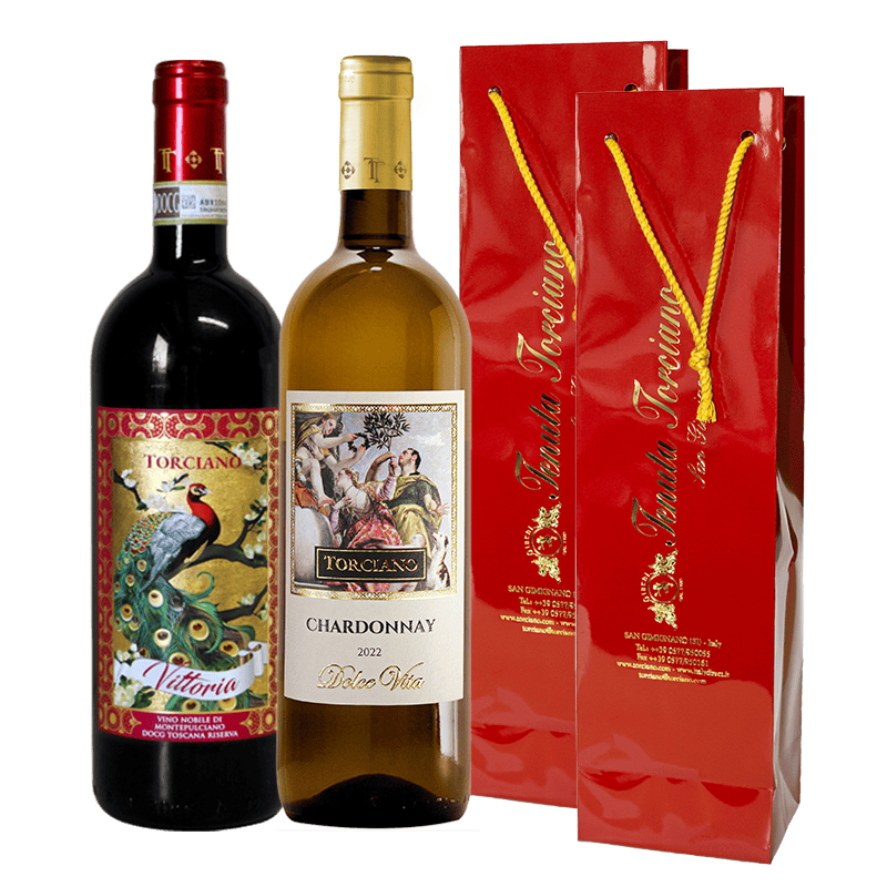 2019  - 2022 Celebrate Holidays Torciano bottled Nobile di Montepulciano Riserva and Chardonnay "Dolcevita" two gift packages included