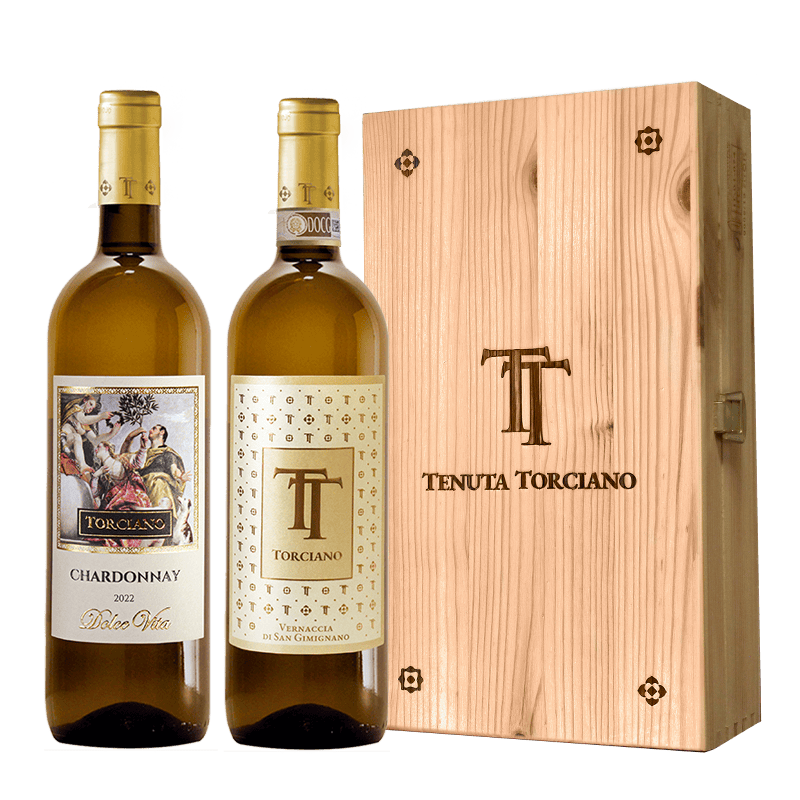 Torciano bottled Chardonnay "Dolce Vita", Vernaccia "Monogram TT Collection”, Tuscany - Wooden box included